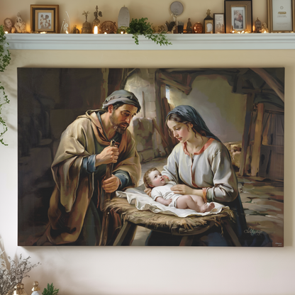 Painting of a nativity scene with baby Jesus, Joseph and Mary, displayed on a wall.