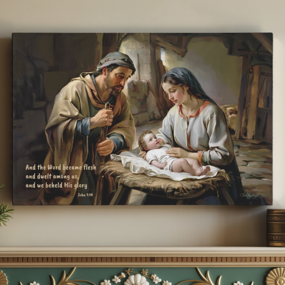 Painting of Joseph and Mary holding baby Jesus on a wooden shelf with decorative elements.