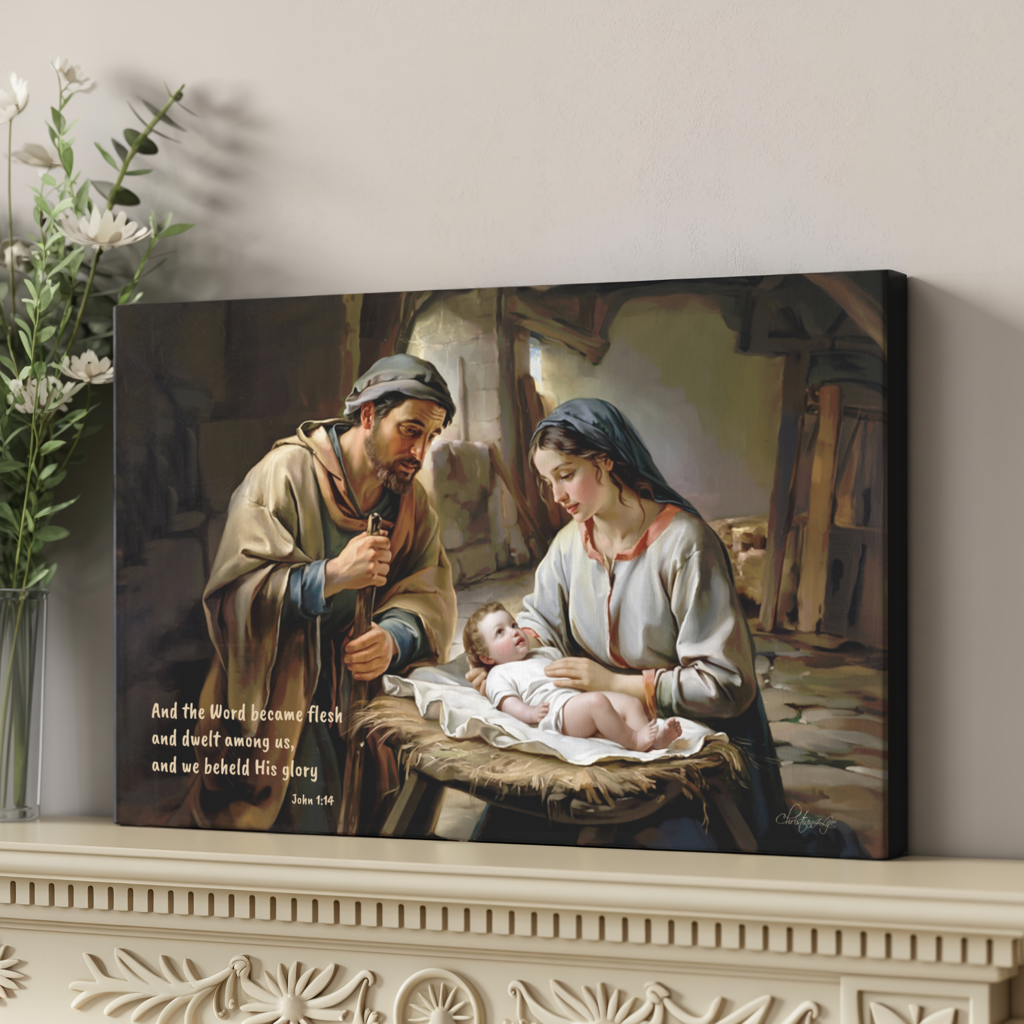 Canvas print of a religious scene with a man, woman, and baby on a mantelpiece.