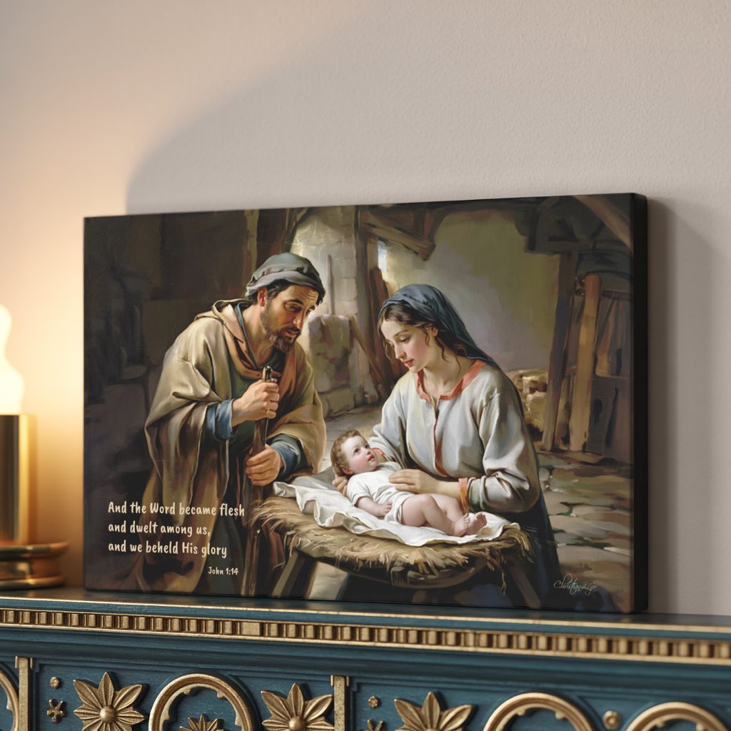 Painting Joseph and Mary holding baby Jesus on a shelf with decorative elements.