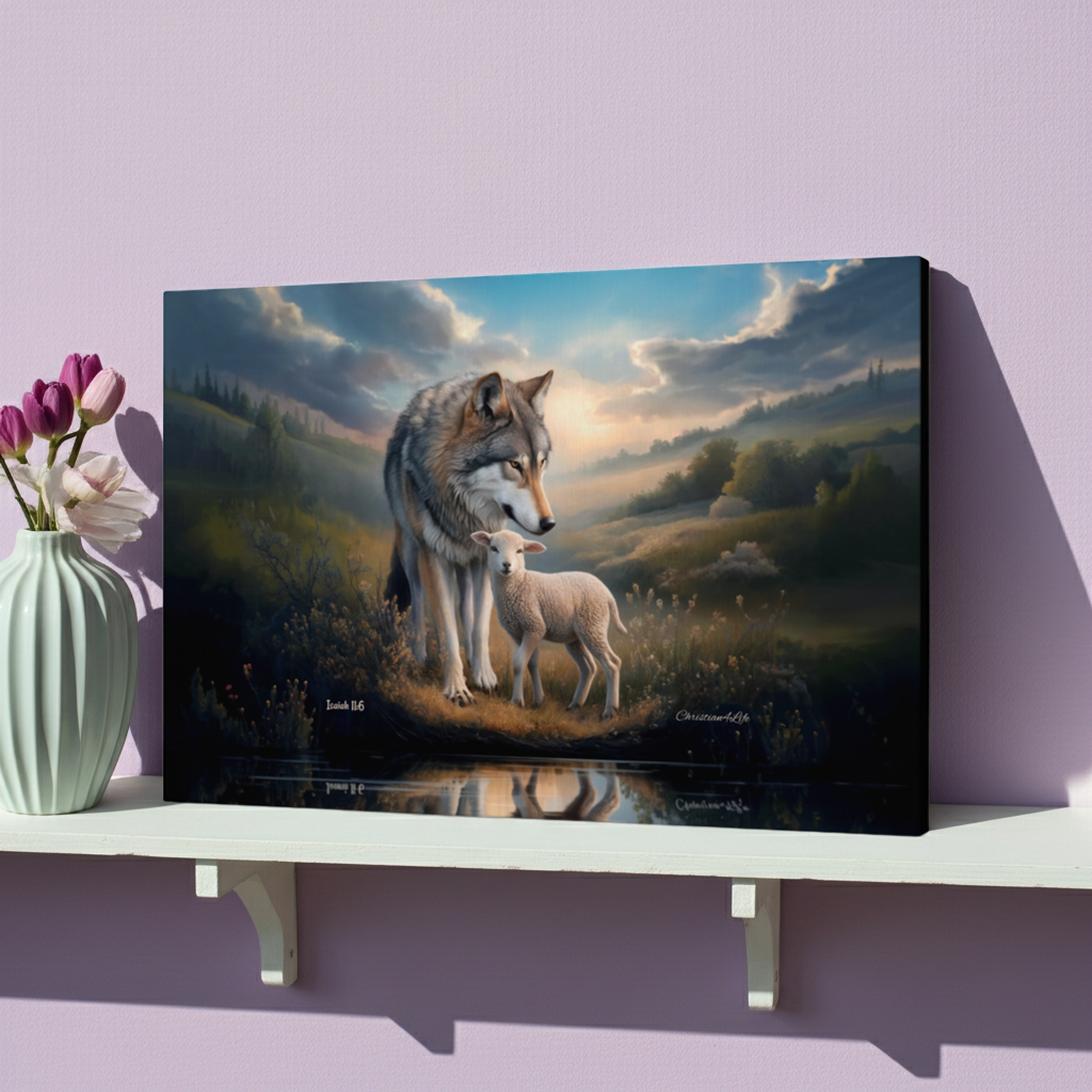 Wolf and Lamb Reflection, Christian Wall Art, Gallery Wrapped Canvas, Isaiah 11:6