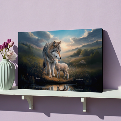 Wolf and Lamb Reflection, Christian Wall Art, Gallery Wrapped Canvas, Isaiah 11:6