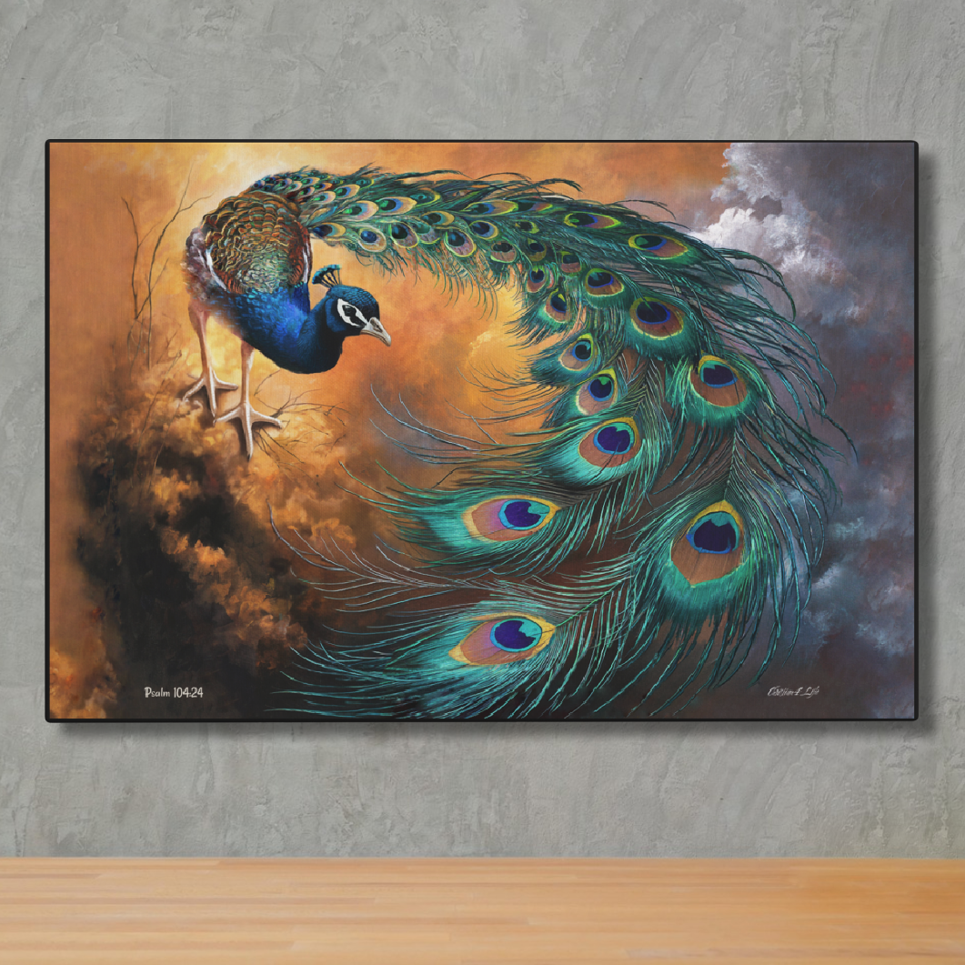 Painting of a peacock with vibrant feathers on a textured wall.