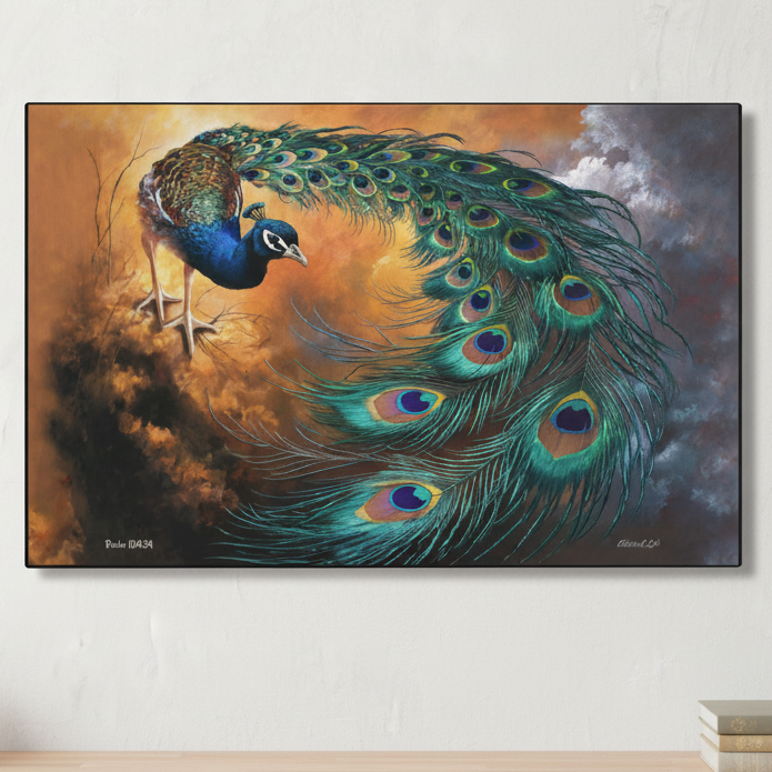 Painting of a peacock with vibrant feathers on a white wall.