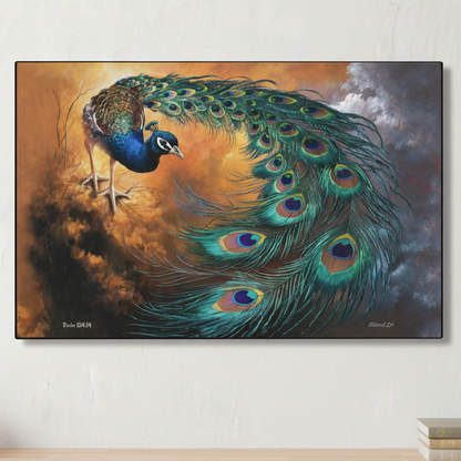 Painting of a peacock with vibrant feathers on a white wall.