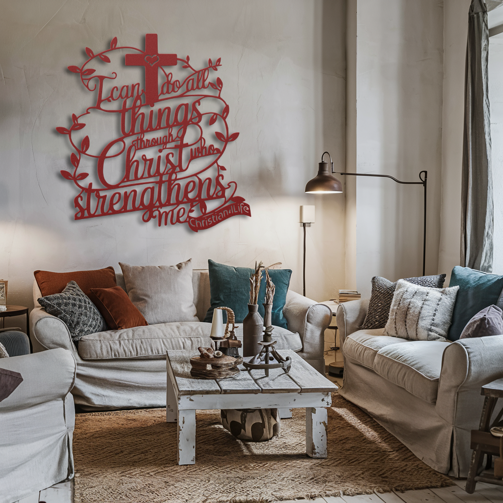 "I can do all things through Christ who strengthens me" Christian die-cut metal sign-(traced Heart)-red or silver