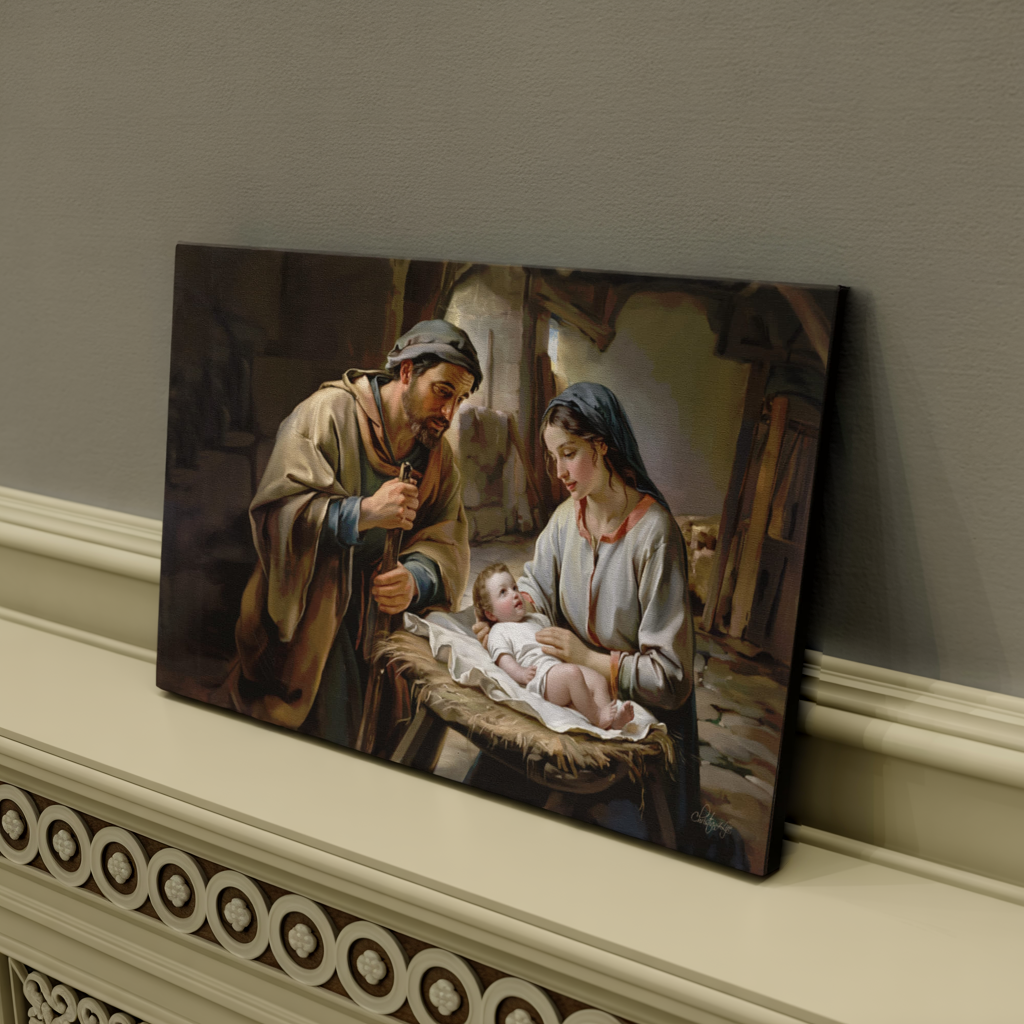 Painting of a religious scene with baby Jesus, Joseph and Mary  on a mantelpiece.