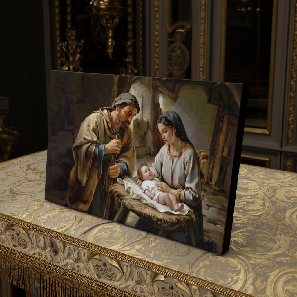 Framed artwork of a religious scene with baby Jesus, Joseph and Mary  on a decorative table.