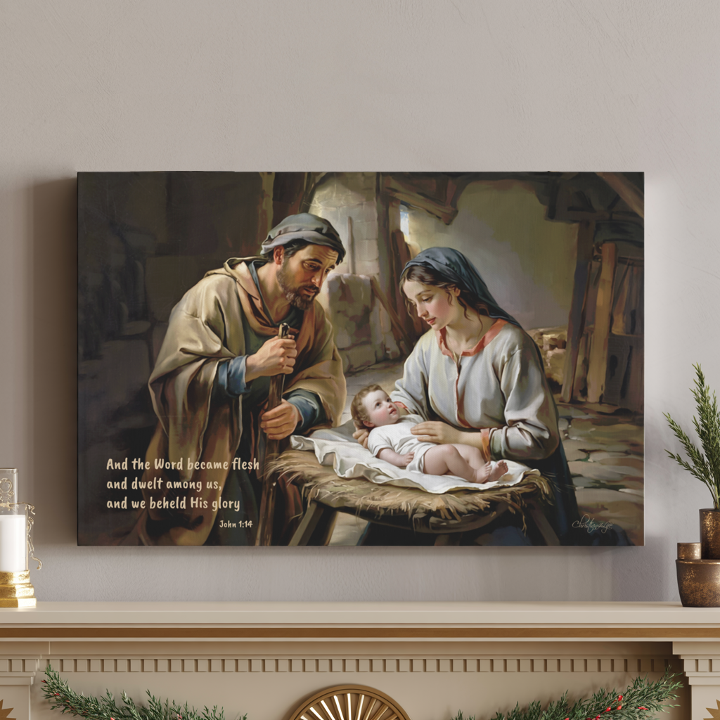 Painting of a nativity scene with Mary, Joseph, and baby Jesus on a wall above a fireplace.