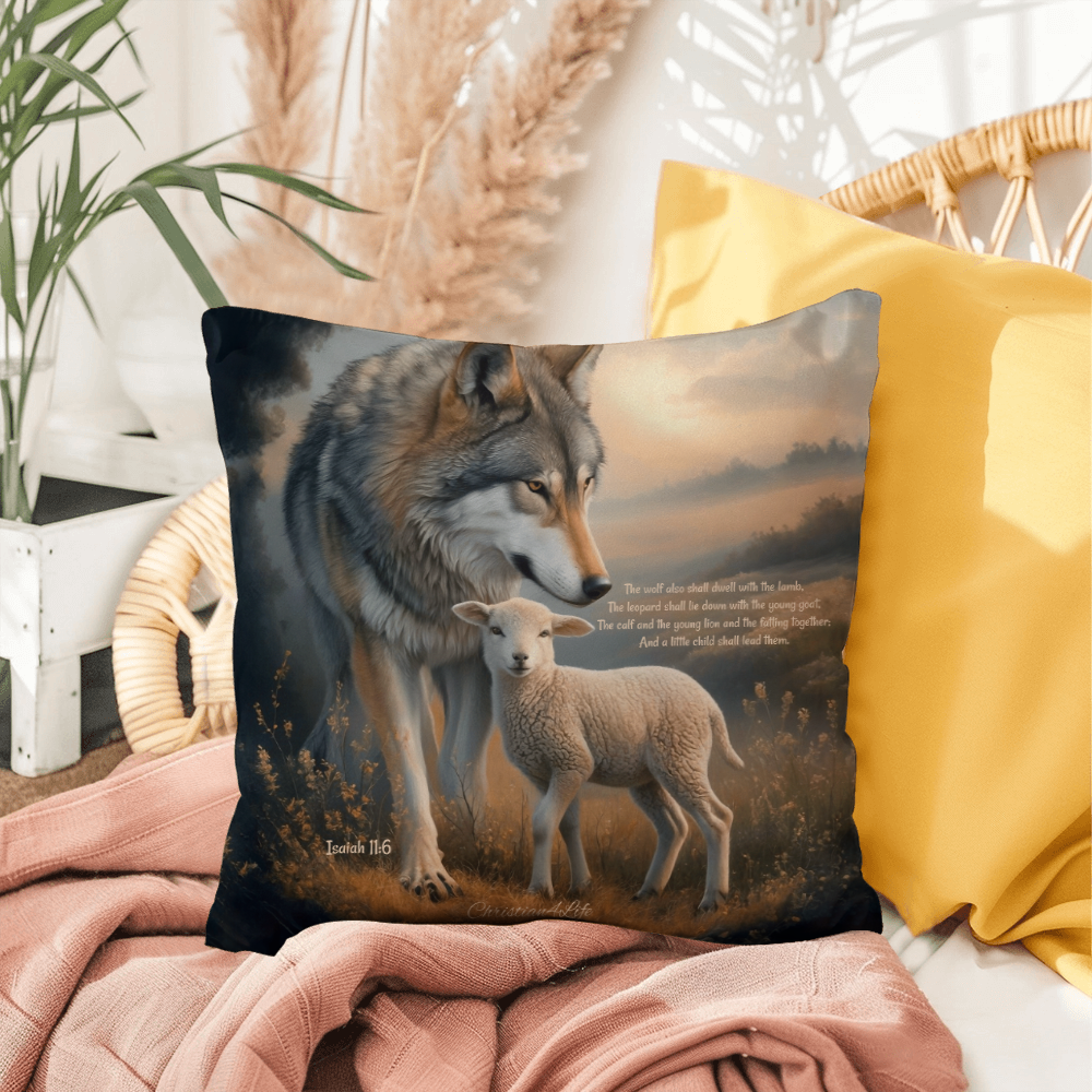 Wolf and Lamb Bible Verse Spun Polyester Square Indoor/Outdoor Pillow