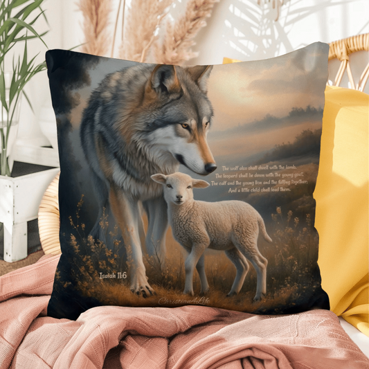 Wolf and Lamb Bible Verse Spun Polyester Square Indoor/Outdoor Pillow