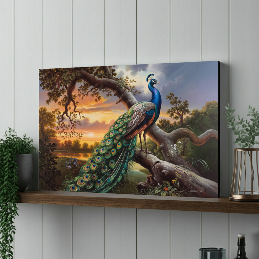 Canvas print of a peacock in a natural setting on a wooden shelf.