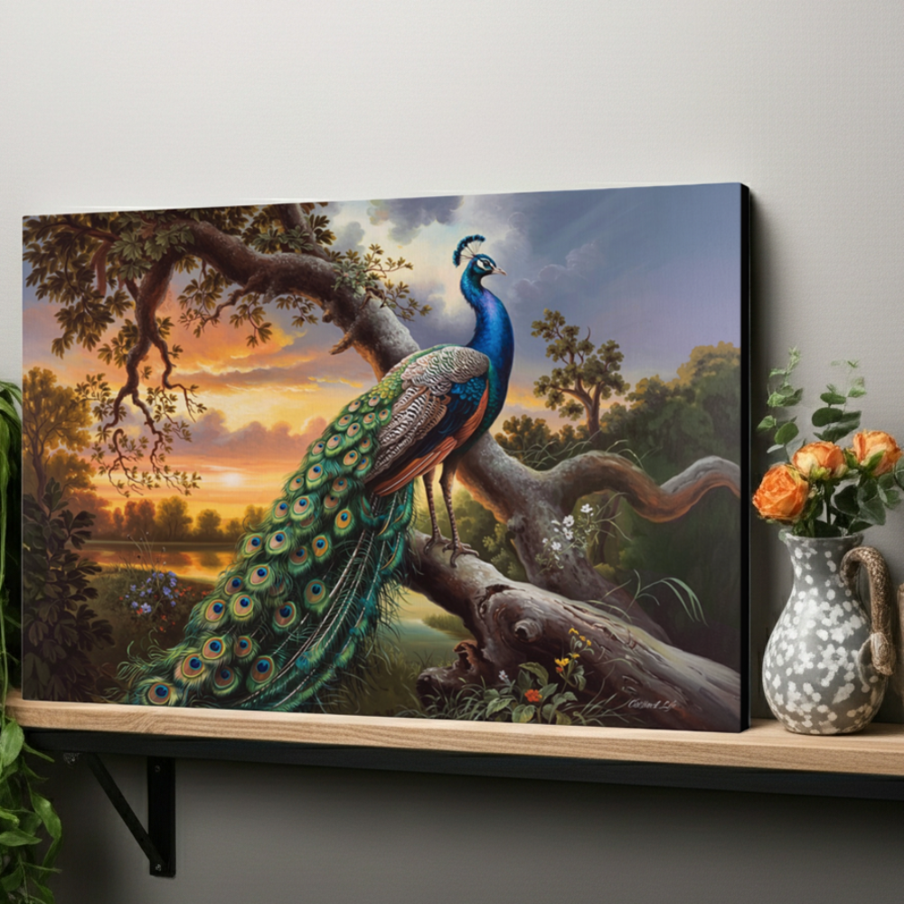 Canvas print of a peacock in a natural setting with a vase of flowers on a shelf.