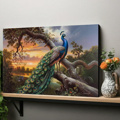 Canvas print of a peacock in a natural setting with a vase of flowers on a shelf.