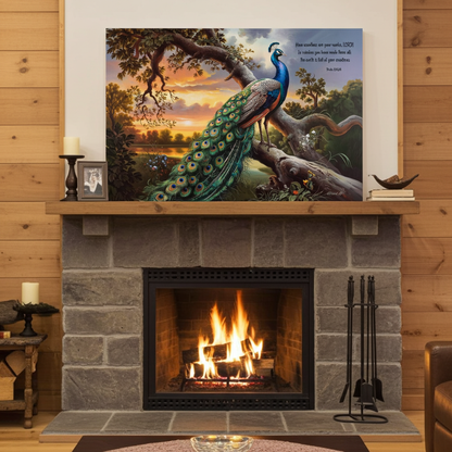 Beautiful Peacock canvas art print - with Psalm 104:24 quote - classic and elegant Peacock art