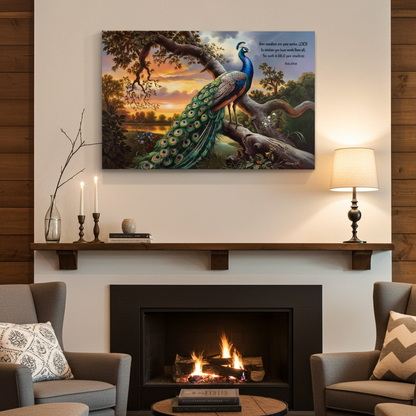 Beautiful Peacock canvas art print - with Psalm 104:24 quote - classic and elegant Peacock art